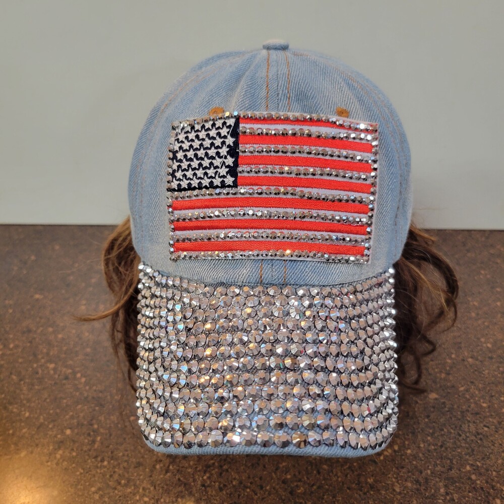 K Accessories Slideback Hat Womens OS Blue Denim American Flag Studded Bling Cap